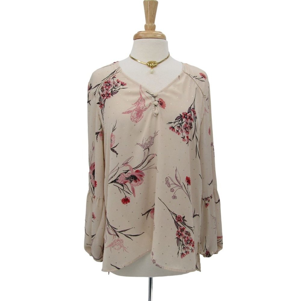 Maurices Womens Long Balloon Sleeve Floral V-Neck Blouse Top Size Large L Casual